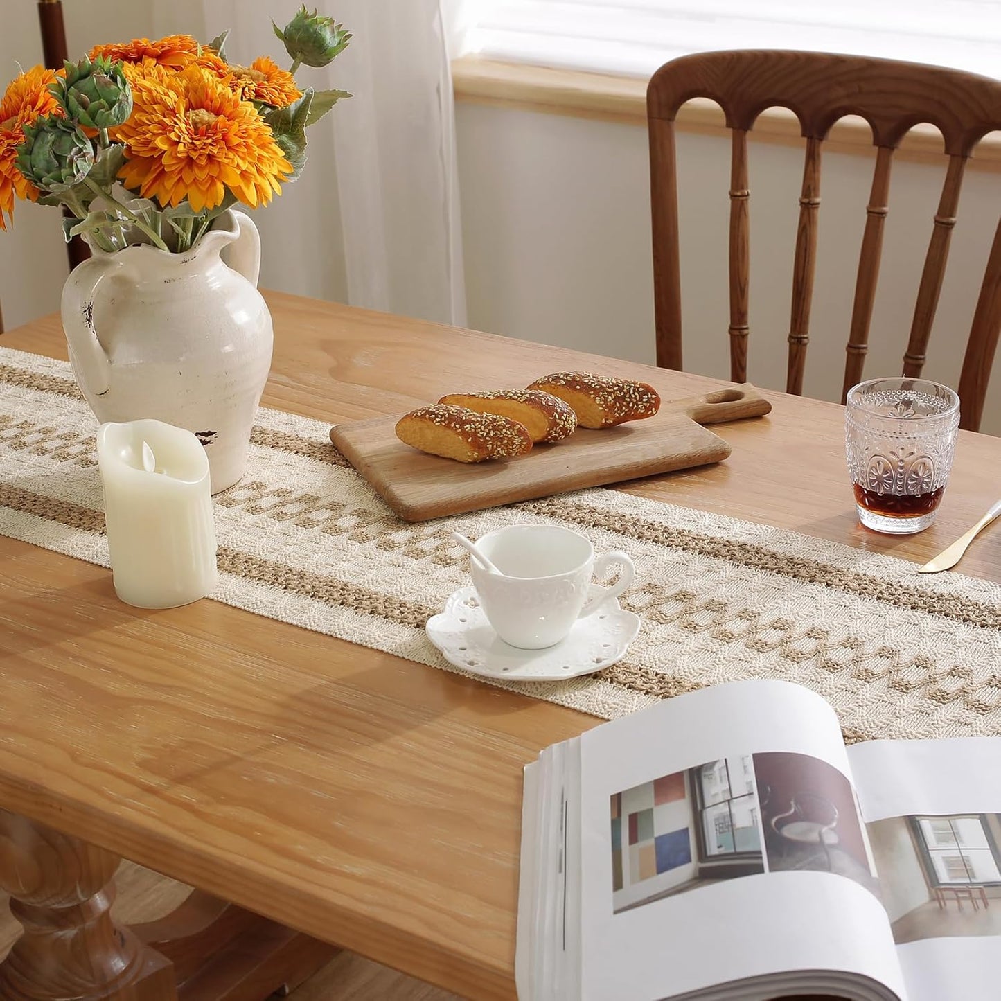 Boho Style Cotton Linen Table Runner 30x180cm Brush Design Durable Brown