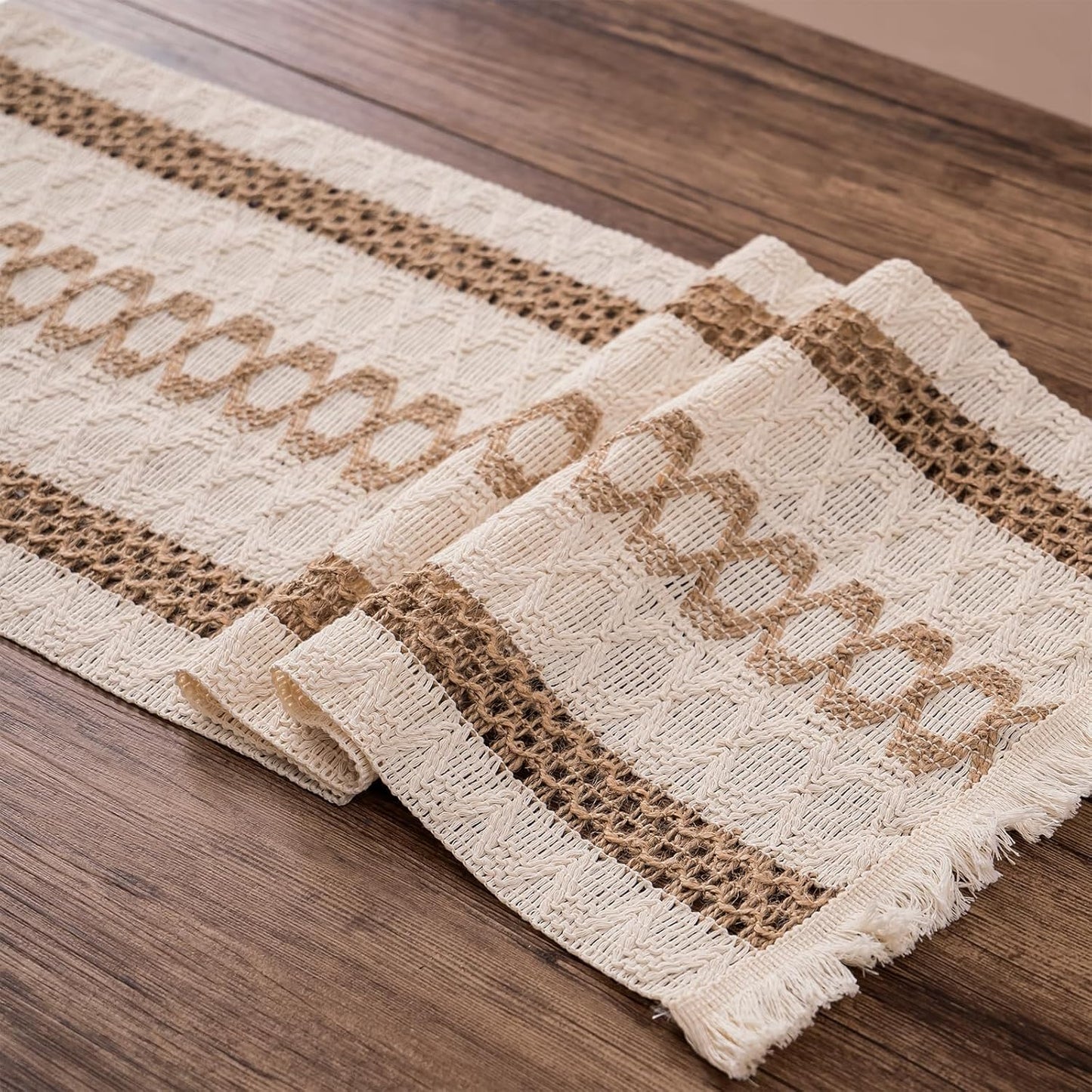 Boho Style Cotton Linen Table Runner 30x180cm Brush Design Durable Brown