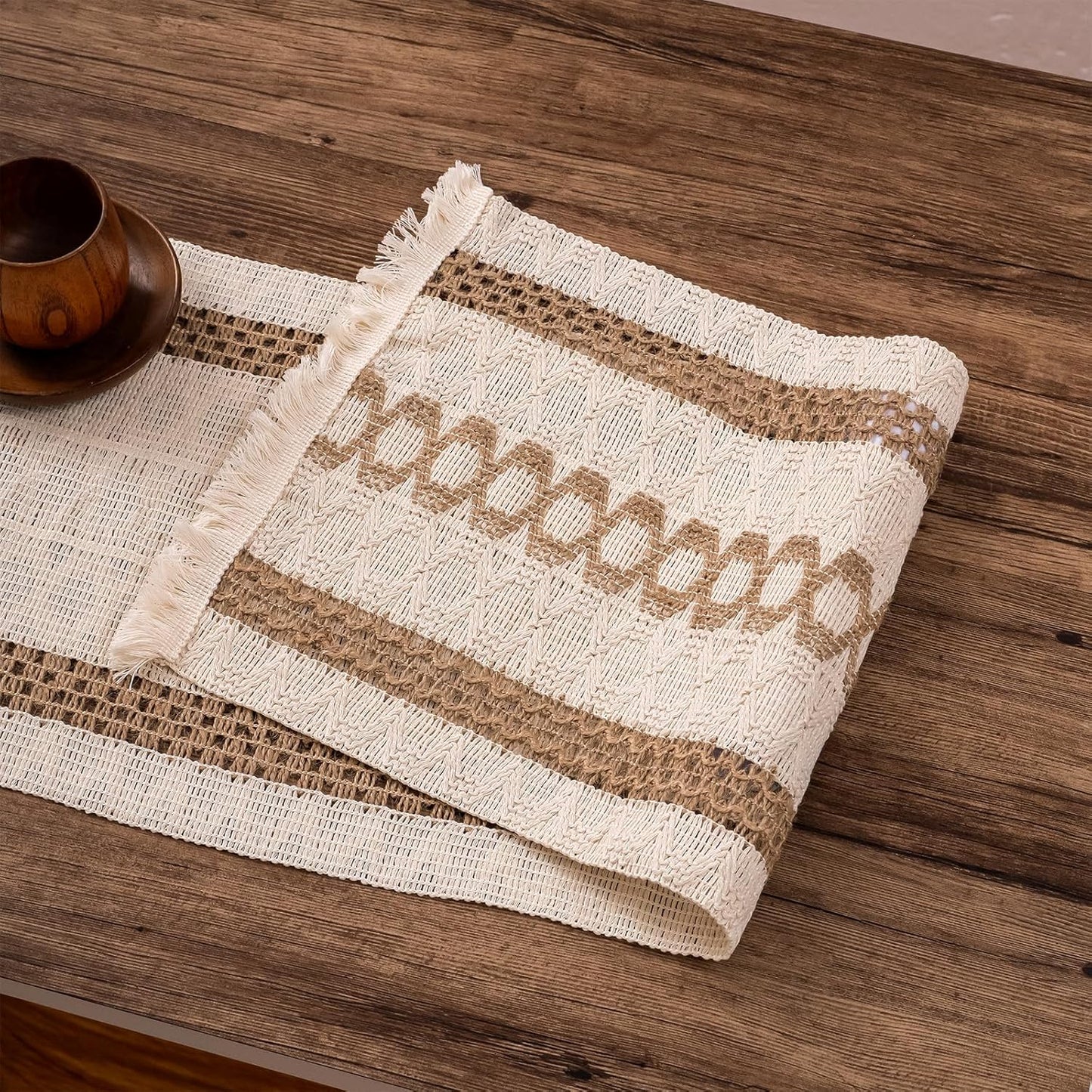Boho Style Cotton Linen Table Runner 30x180cm Brush Design Durable Brown