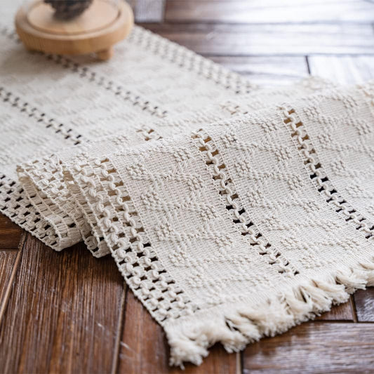 Macramé Table Runner 30x180 cm Handmade Cotton Linen Boho Style Beige Decorative Tablecloth