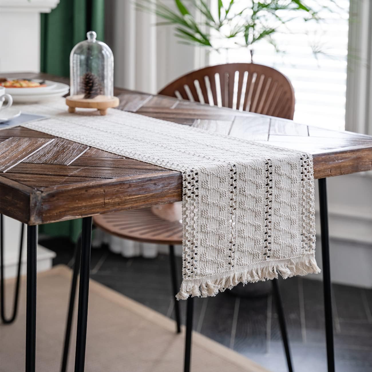 Macramé Table Runner 30x180 cm Handmade Cotton Linen Boho Style Beige Decorative Tablecloth