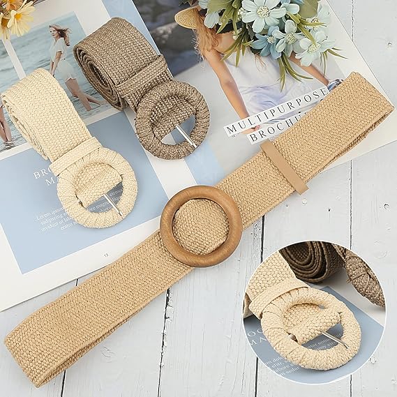 Women's Braided Elastic Belt with Wooden Buckle 103cm Khaki for Vacations Parties Daily Use