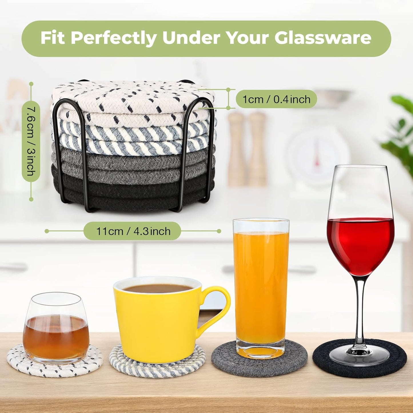 8-Piece Glass Coasters Set with Metal Holder 4 Colors Handmade Cotton Linen Heat Resistant Absorbent Kitchen Dining Table Gift