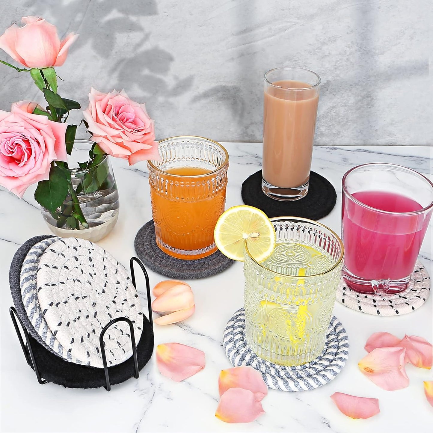 8-Piece Glass Coasters Set with Metal Holder 4 Colors Handmade Cotton Linen Heat Resistant Absorbent Kitchen Dining Table Gift