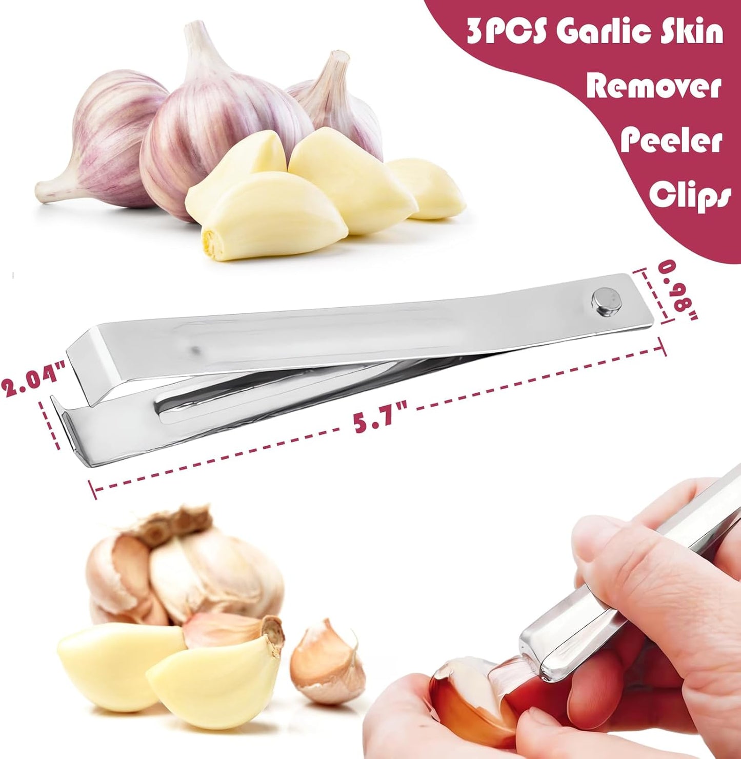3-Piece Stainless Steel Garlic Peelers - Easy Garlic Skin Removal - Prevents Garlic Odor on Hands