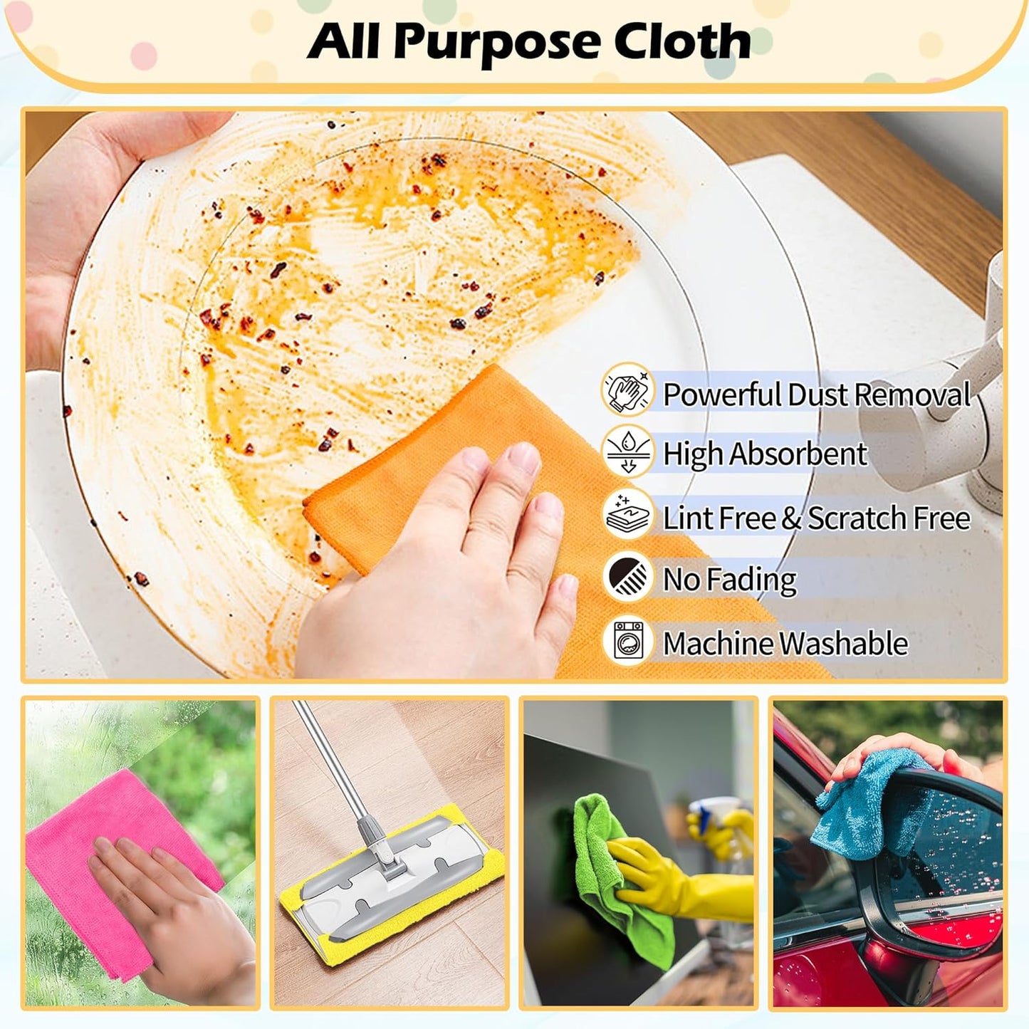 16"X12"Microfiber Cleaning Cloth - Pack of 50 100 Pack Reusable Shop Towels with 5 Colors (Green/Blue/Yellow/Orange/Pink), 12"X12"