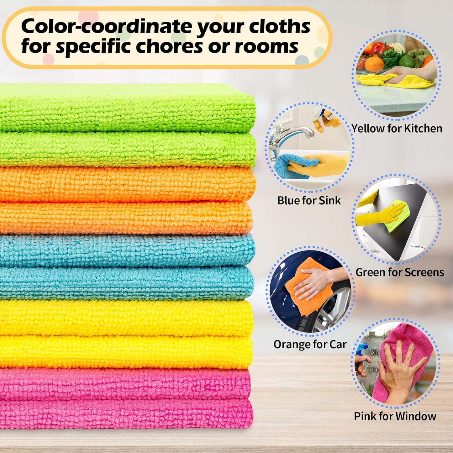 16"X12"Microfiber Cleaning Cloth - Pack of 50 100 Pack Reusable Shop Towels with 5 Colors (Green/Blue/Yellow/Orange/Pink), 12"X12"
