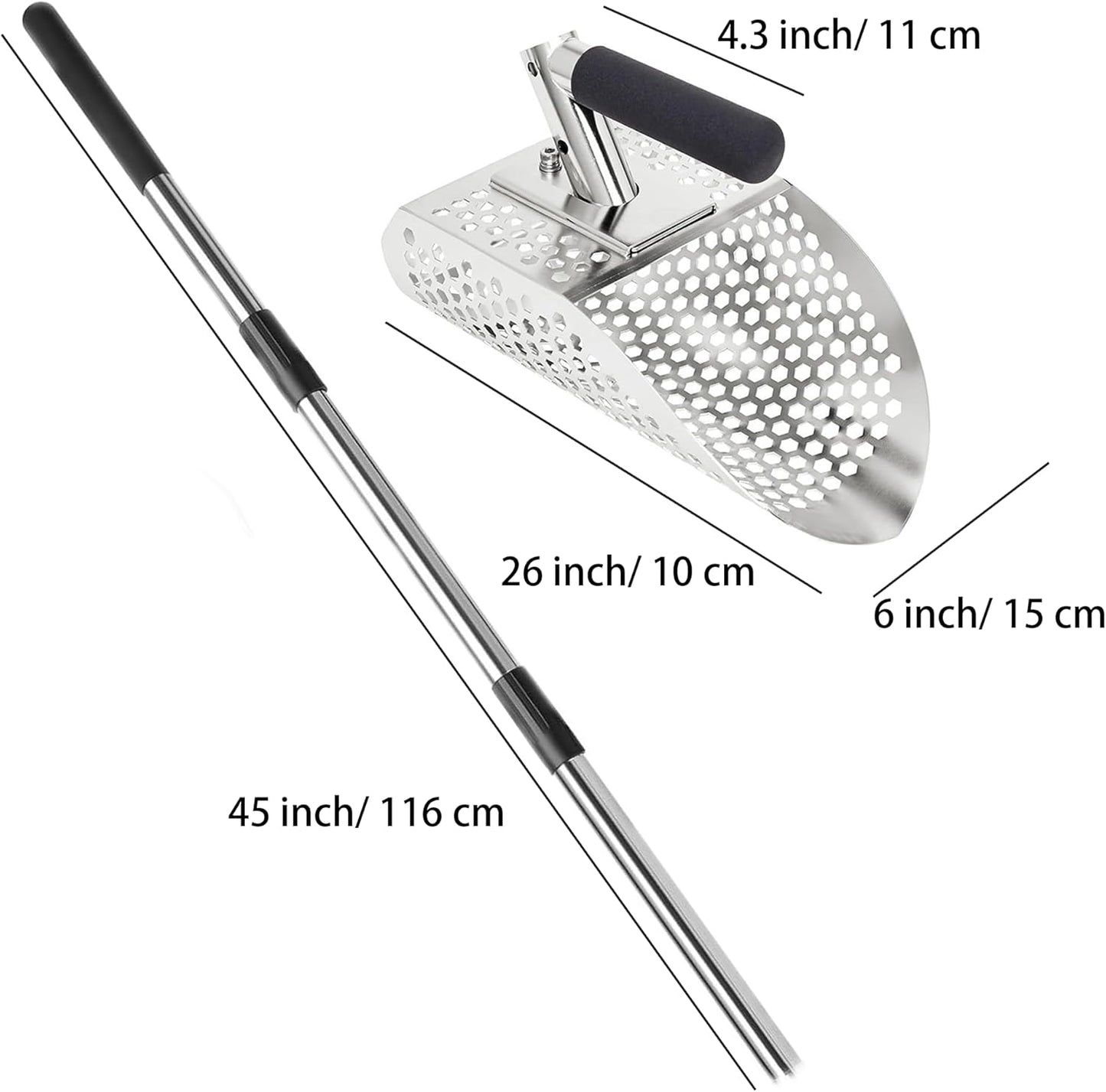 Sand Scoop for Metal Detecting, Heavy Duty Metal Detector Beach Finds Scoop, Stainless Steel Metal Detecting Tool Digging Shovel Fast Sifting Stainless Steel Shovel (w/Long Handle)