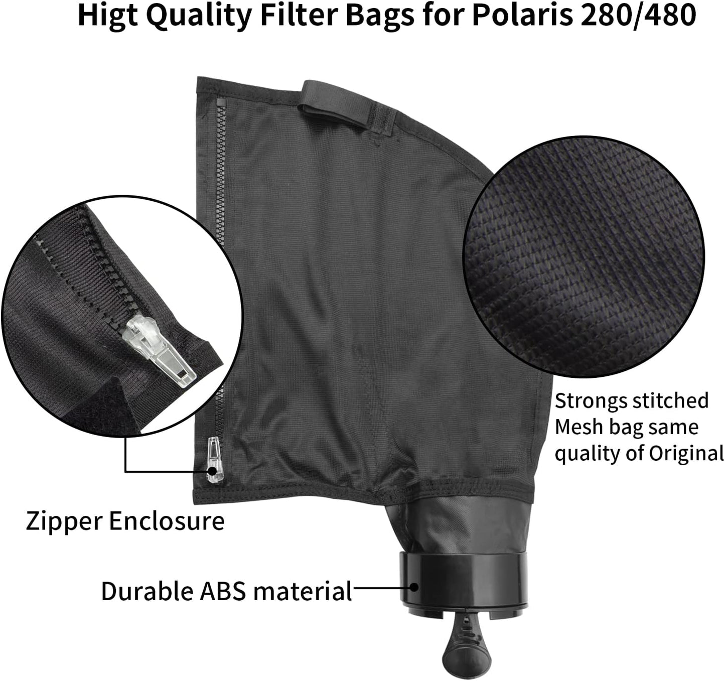 Black Nylon Mesh Pool Cleaner Bags,All Purpose Filter Bag K13 K16 with Zipper Replacement for Polaris 280 and 480 Pool Cleaner(2 Pack)