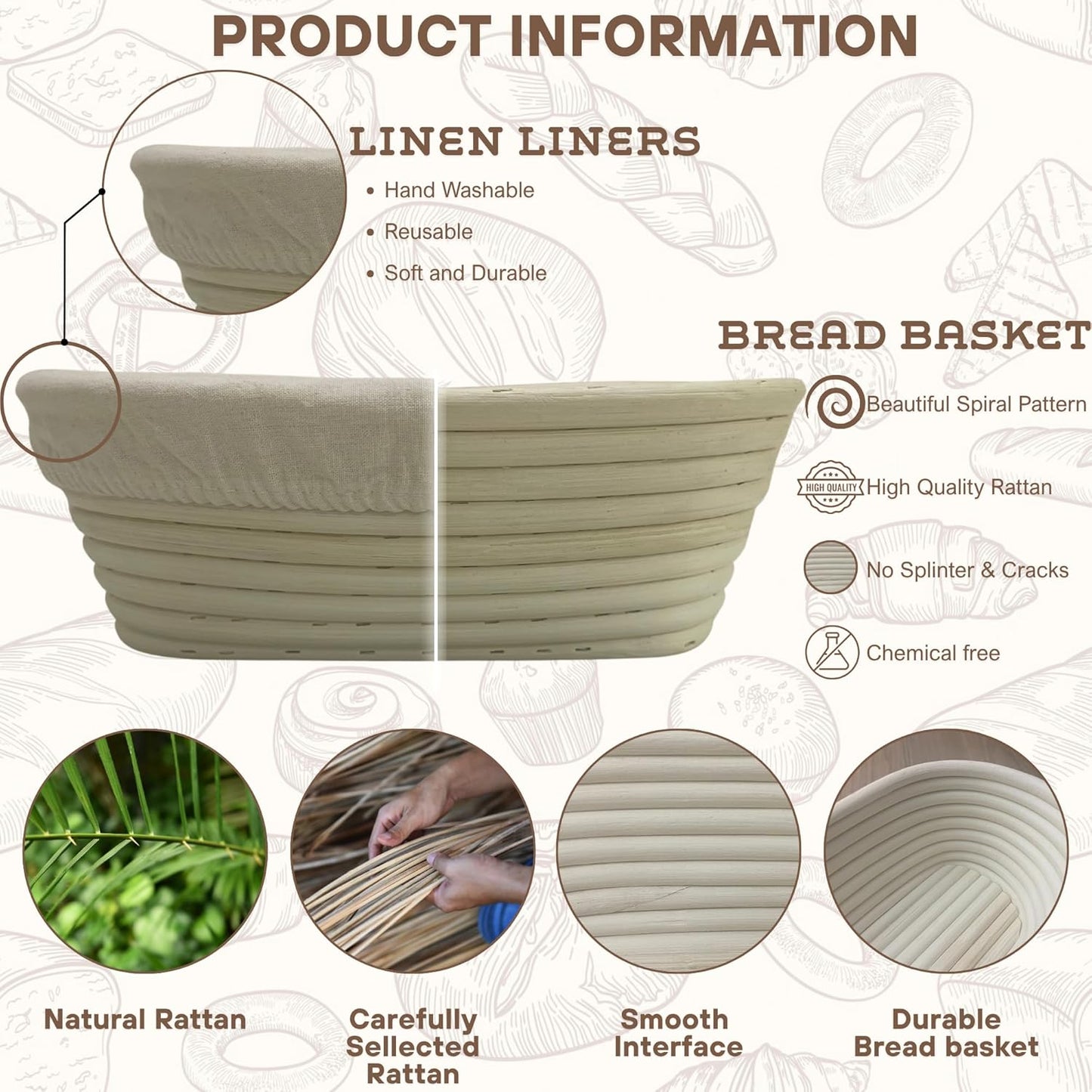 [Upgraded] Bannet Bread Proofing Basket 2 pack 10" Oval With Liner, Natural Rattan Bread Basket Perfect for Professial & Home Sourdough Bread Baking, Artisan Sourdough Bread. (Set 2 pack 10" Oval)