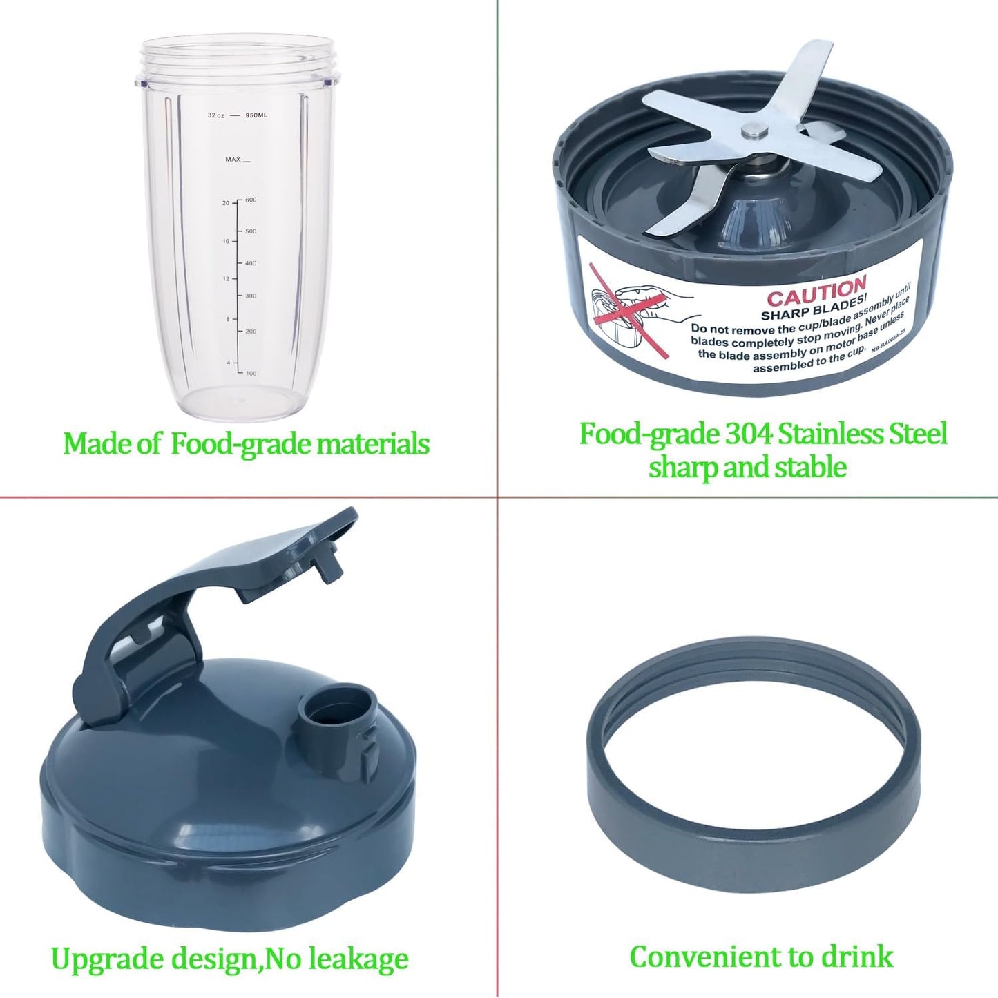 [UPGRADE] Replacement 32oz Blender Cups & Blade Part Compatible with NutriBullet 600w/900w Blender (5 Pieces)