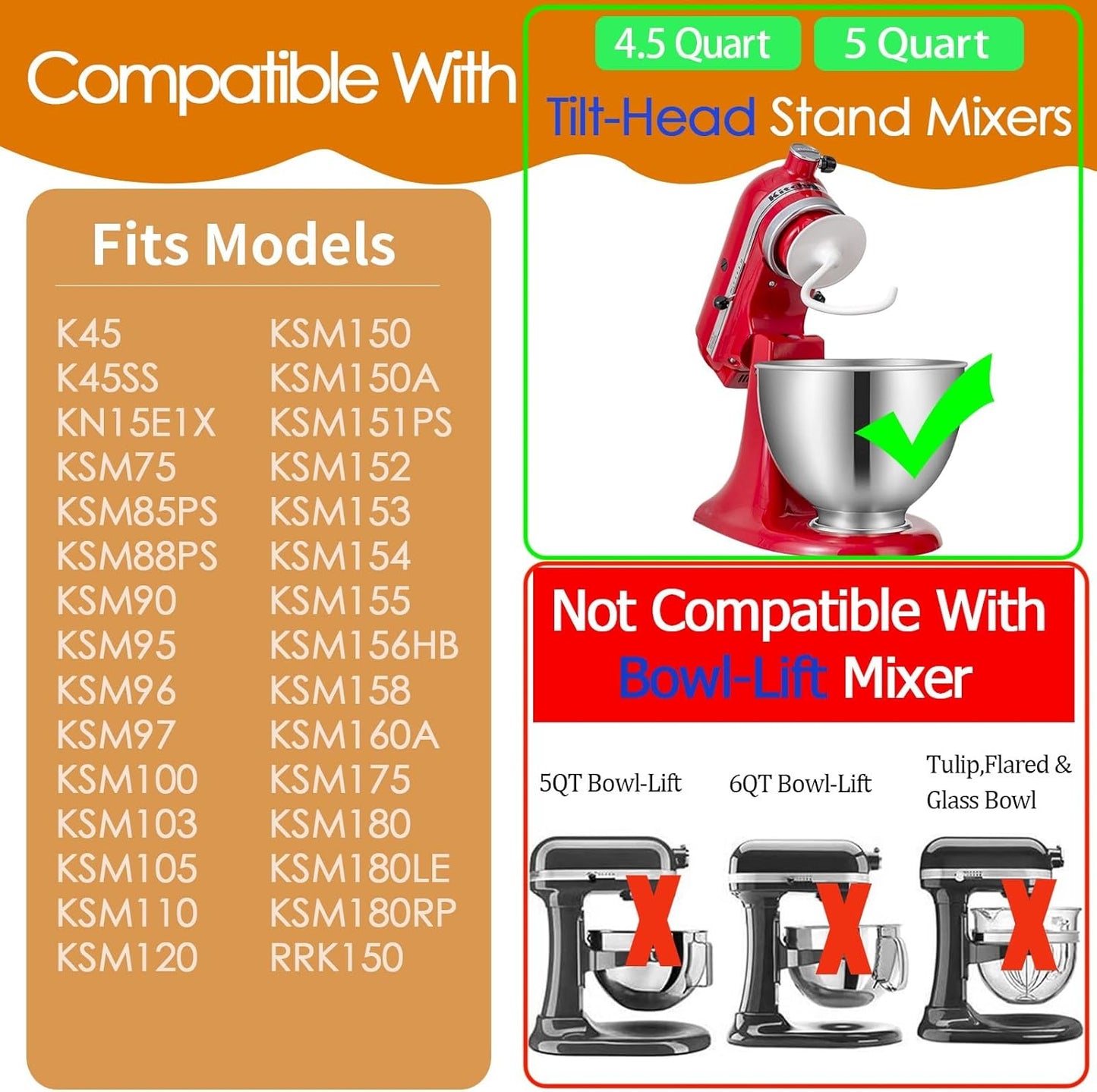K45DH Coated Dough Hook for KitchenAid Mixer, Attachment for Kitchen Aid K45 K45SS KSM90 KSM150 Tilt-Head Stand Mixers, 4.5/5.0 Quart Bowel