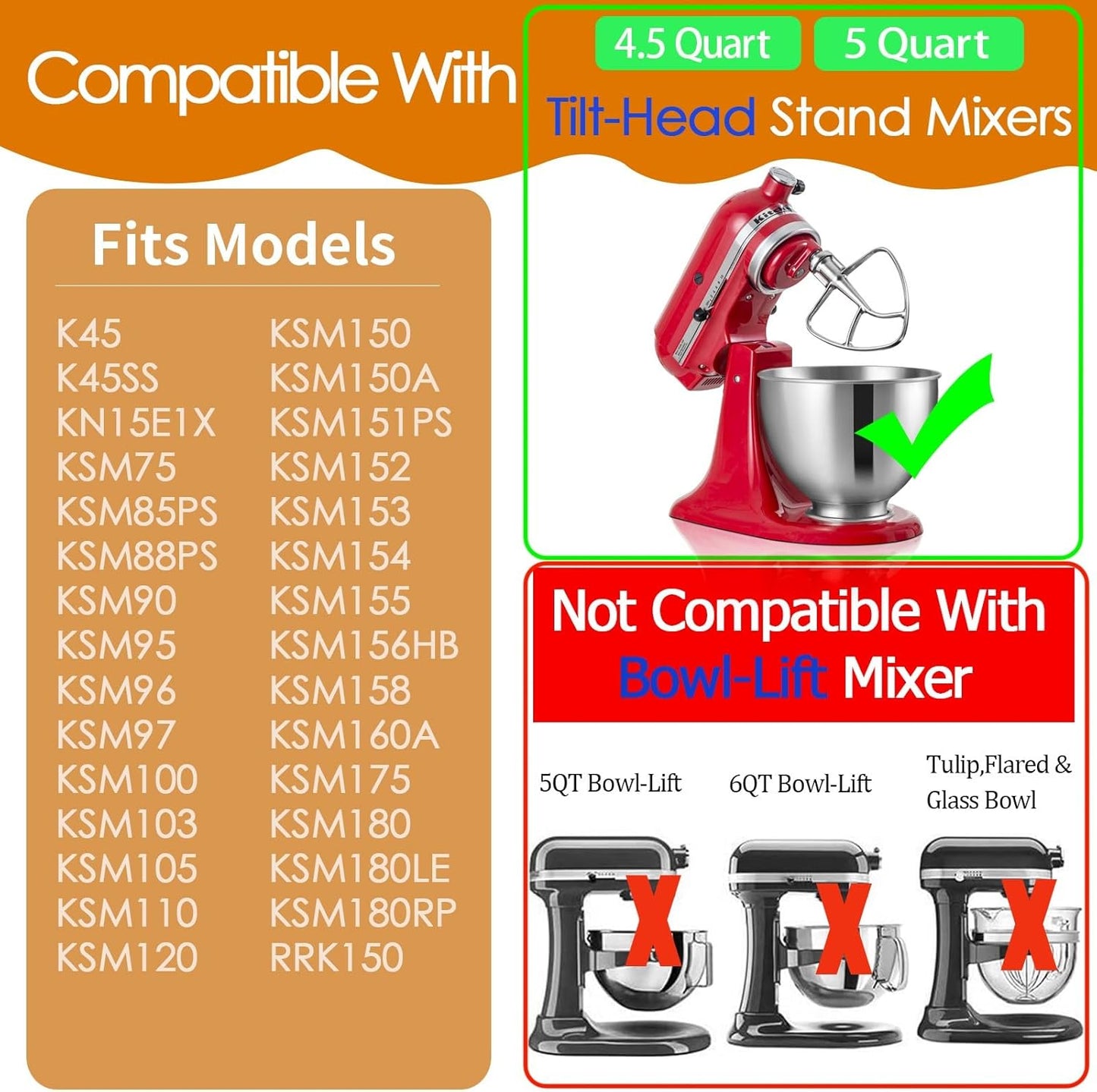 K45B Stainless Steel Flat Beater for Kitchenaid 4.5-5 Quart Tilt Head Stand Mixer, Polished Paddle Attachment for KitchenAid Mixer by ，Dishwasher Safe