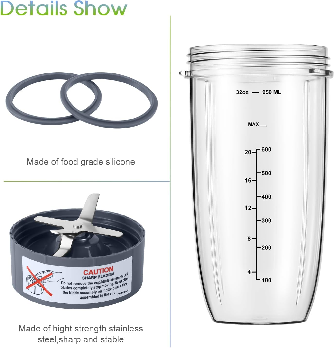 New Blender Cup and Blade Replacement Parts 32oz Cup and Extractor Blade and 2 Rubber Gaskets 4-Piece Compatible with NutriBullet High-Speed Blender/Mixer System 600W/900W Series