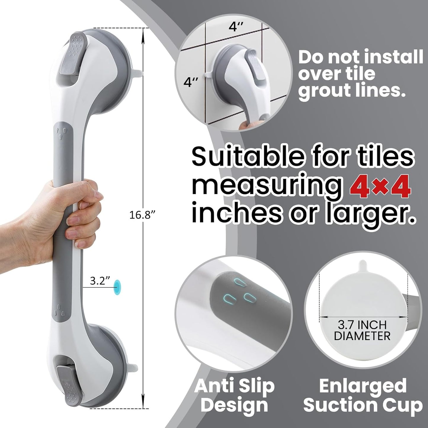 Grab Bars for Bathtubs and Showers 2 Pack Sucti Grab Bar, Heavy Duty Shower Handle Removable Bath Handrails for Seniors and Elderly, Bathroom Safety Grip No Drilling Waterproof,Grey