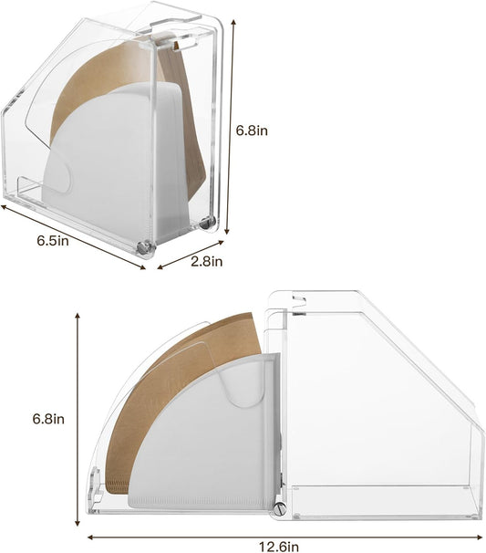 Coffee Filter Holder With Lid - Acrylic Paper Dispenser Rack Storage Box Organizer, Damp-proof Fit #1234 Cone & V60 Filters for Coffee Shop Office Counter (Clear)