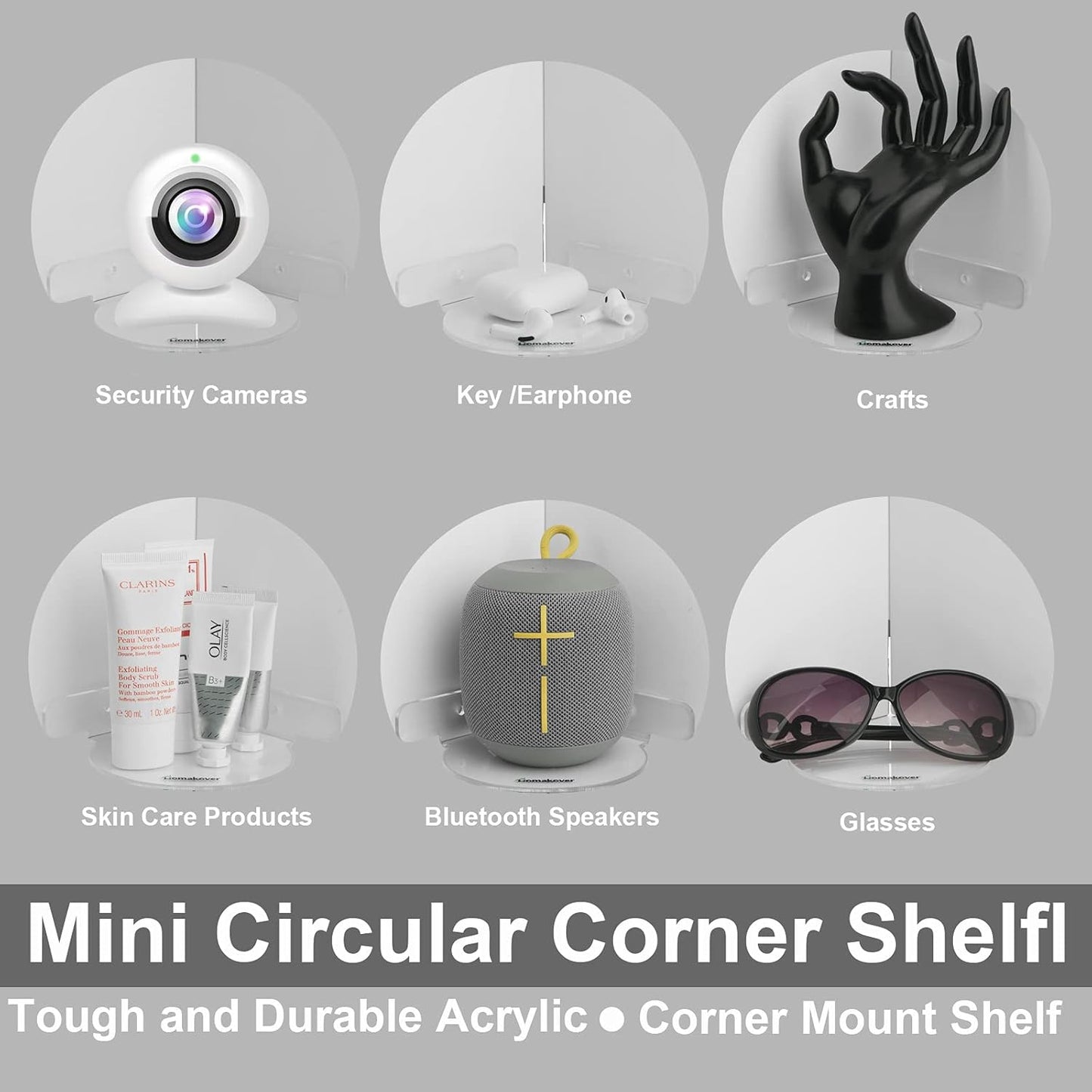2 Pack Acrylic Mini Circular Corner Shelf Mount for Security Cameras, Baby Monitors, Plants & More, Universal Cam Holder, Easy to Install, Screwless with Damage-free Replacement Strips (Clear)