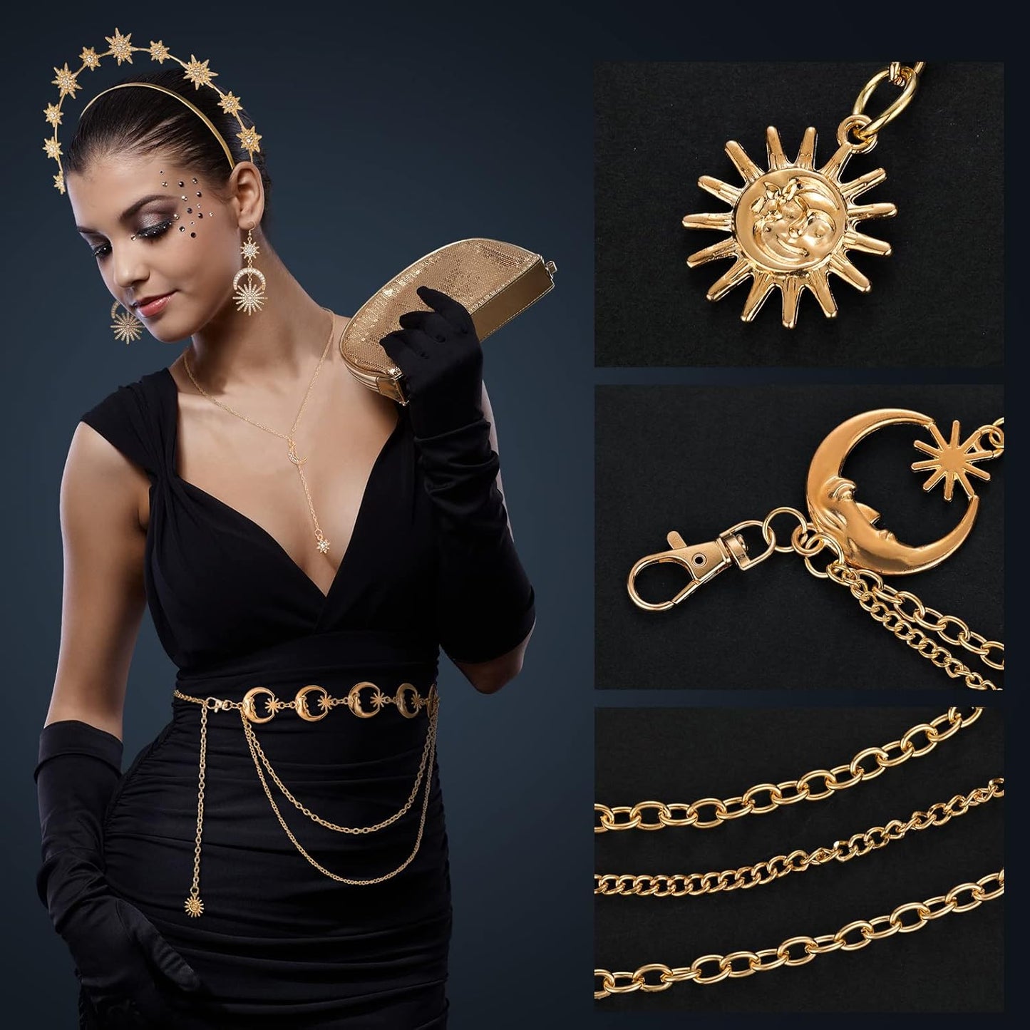 Glenmal 4 Pieces Celestial Jewelry Moon Stars Crown Necklaces and Body Chain Headband Drop Earrings for Women