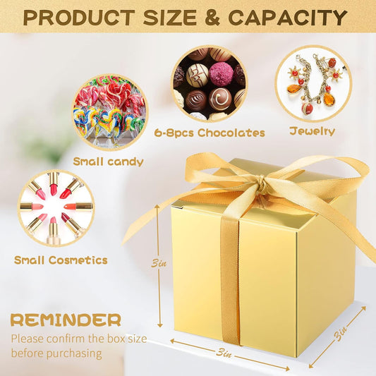Glenmal 200 Pcs Small Gift Boxes 3 x 3 x 3 Inches Bulk Wedding Favor Candy Boxes with Ribbons Kraft Baby Shower Decorations for Wedding Baby Shower Bridal Shower Birthday Party(Gold)