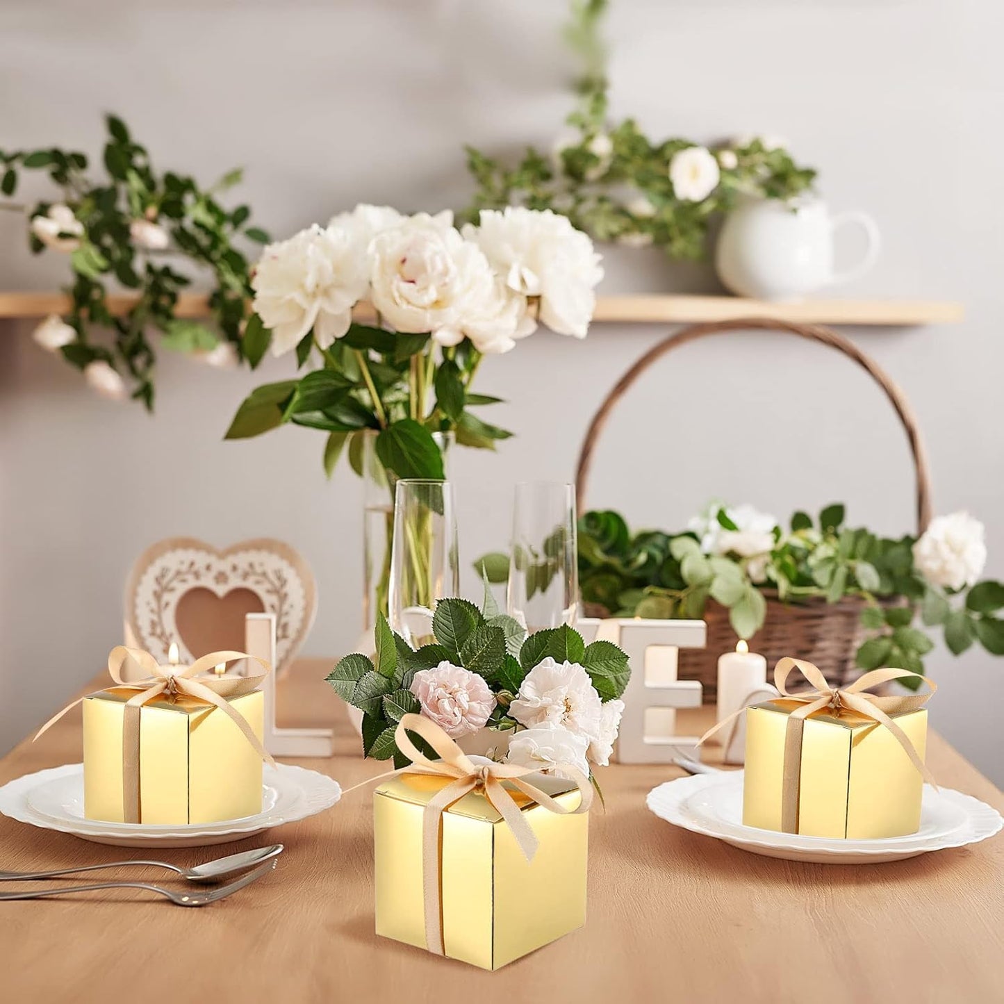 Glenmal 200 Pcs Small Gift Boxes 3 x 3 x 3 Inches Bulk Wedding Favor Candy Boxes with Ribbons Kraft Baby Shower Decorations for Wedding Baby Shower Bridal Shower Birthday Party(Gold)