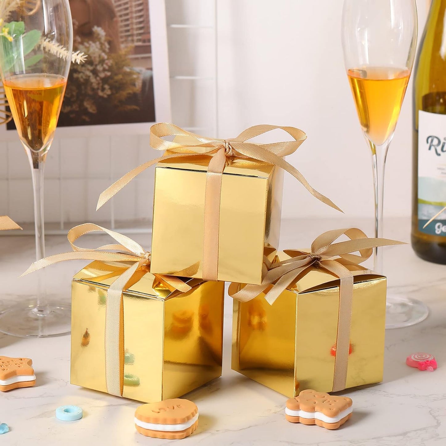 Glenmal 200 Pcs Small Gift Boxes 3 x 3 x 3 Inches Bulk Wedding Favor Candy Boxes with Ribbons Kraft Baby Shower Decorations for Wedding Baby Shower Bridal Shower Birthday Party(Gold)