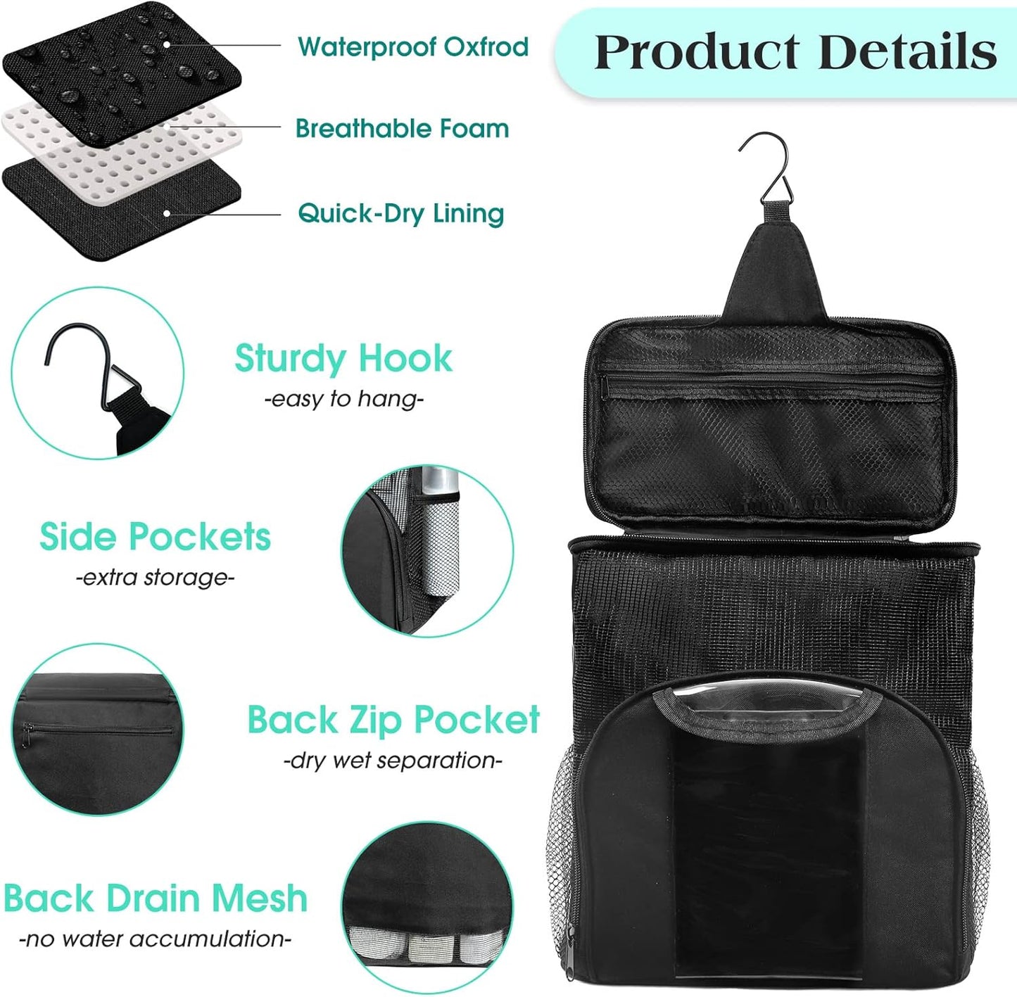 Mesh Shower Caddy Portable Dorm Tote Bag, Quick Dry Hanging Toiletry Bag, Large Capacity Shower Bag for College Dorm Room Essentials for Boys and Girls for Bath Camping (Black)