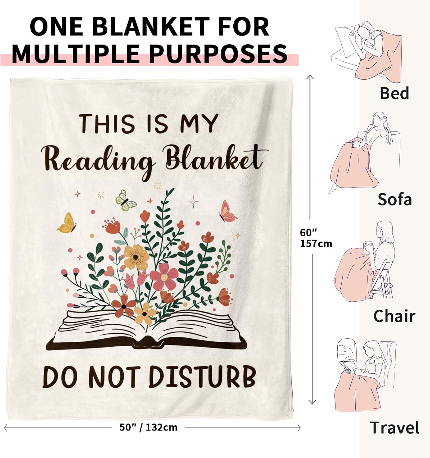 Book Lovers Gifts for Women Men, Flannel Soft Book Reading Blanket Decor, Reader Gifts for Birthday, Reading Accessories, Bookish Bookworm Gift - 50'' x 60''