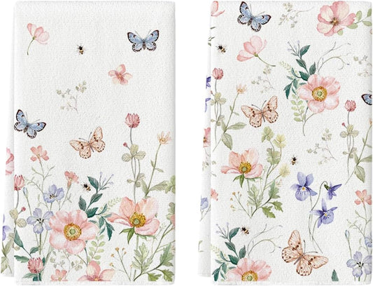Floral Leaves Butterfly Spring Kitchen Towels Dish Towels, 18x26 Inch Seasonal Summer Decoration Hand Towels Set of 2