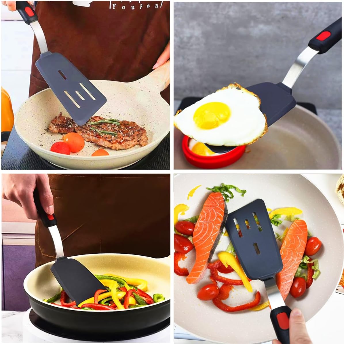 4Pcs Spatula Silicone Heat Resistant Flexible Rubber Silicone Spatulas for Nonstick Cookware, Burger Pancake Spatula Turner Large Spatulas Set for Cooking Kitchen Utensils Set Black