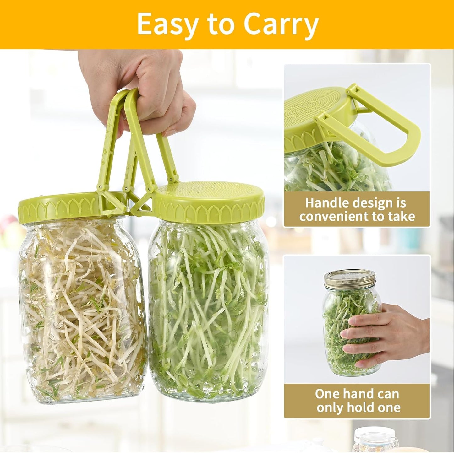 Complete Sprouting Kit - 2 Large Wide-Mouth Mason Jars 32 Oz, 2 Foldalbe Screen Lids with Draining Stand, 2 l Canning Lids, Bean Sprouts Grow Kit for Broccoli alfalfa