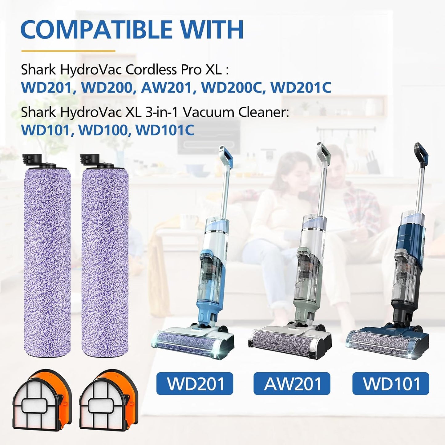 WDB1F2 Replacement Brushroll & Filter Bundle Compatible with Shark Hydrovac WD101 WD201 WD100 WD200 AW201 WD200C WD201C WD101C HydroVac XL 3-in-1 Vacuum Cleaner,Compare Parts WDB1, WDB2, WDFF1, WDFF2
