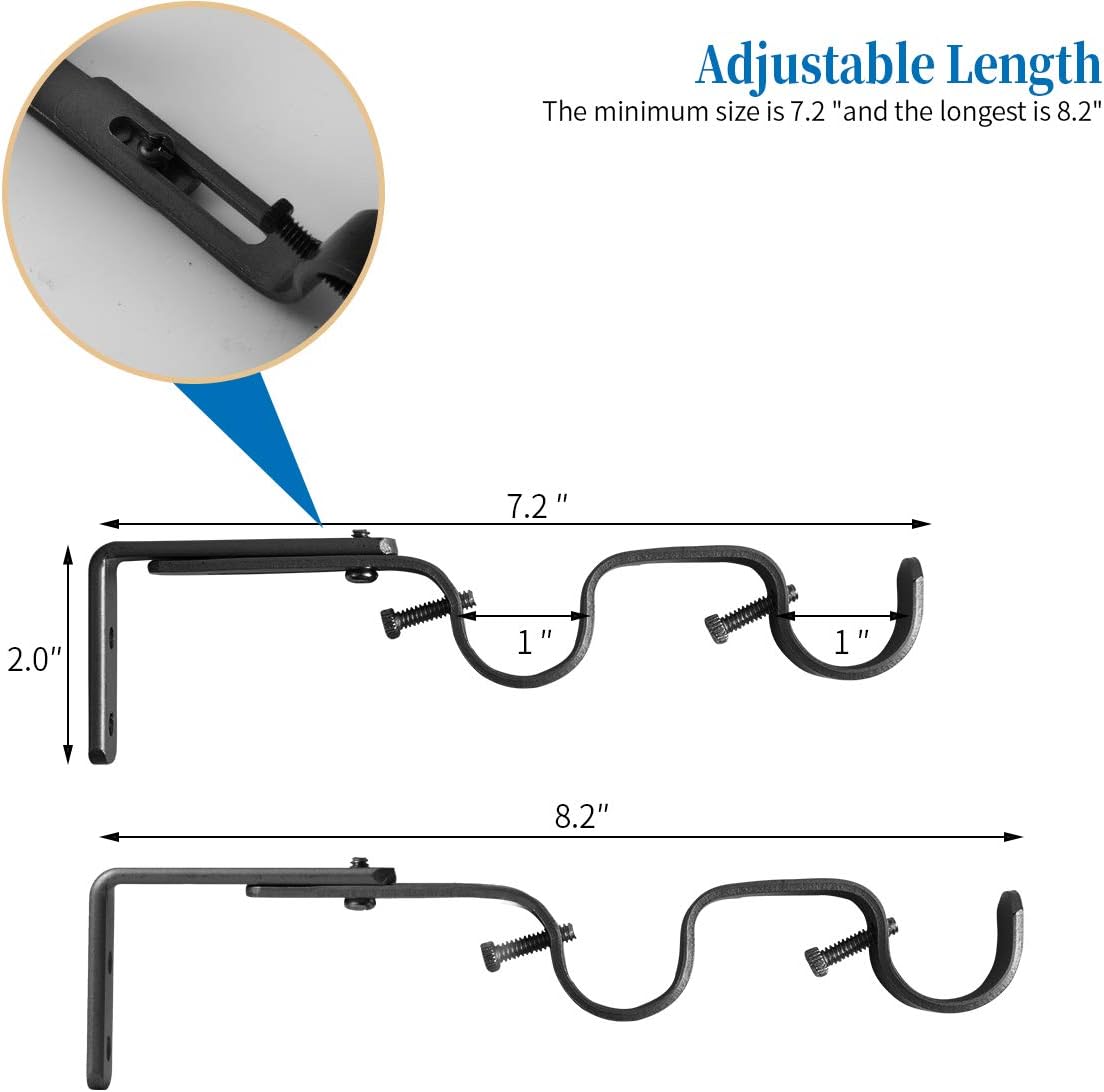 Heavy Duty Curtain Rod Brackets - Adjustable Double Rod Holders, 1 Inch (4 PCS, Black)