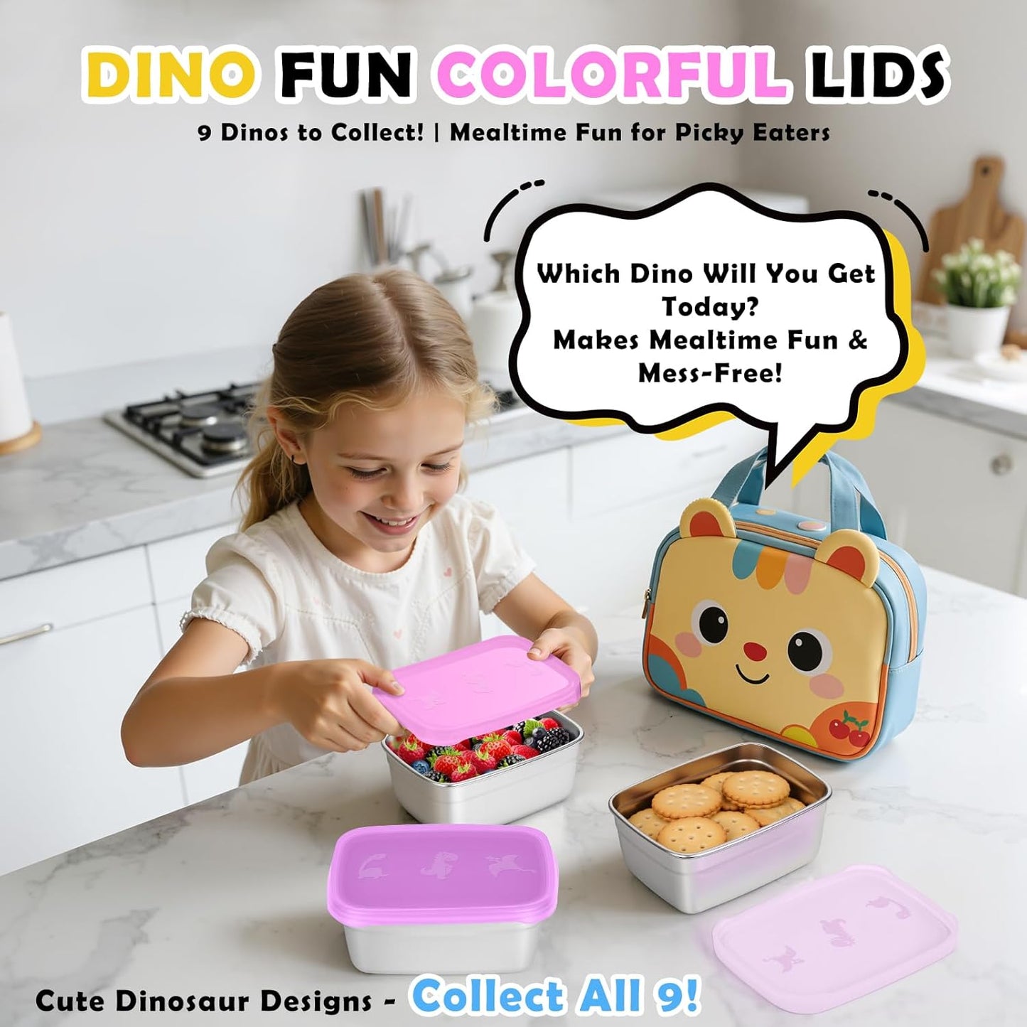 3-Pack Stainless Steel Snack Containers for Kids & Toddlers - 550ml (18oz) Leakproof Colorful Lids with Cute Dinosaurs | LFGB Certified, Stackable l Lunch Box for Daycare, School, Travel