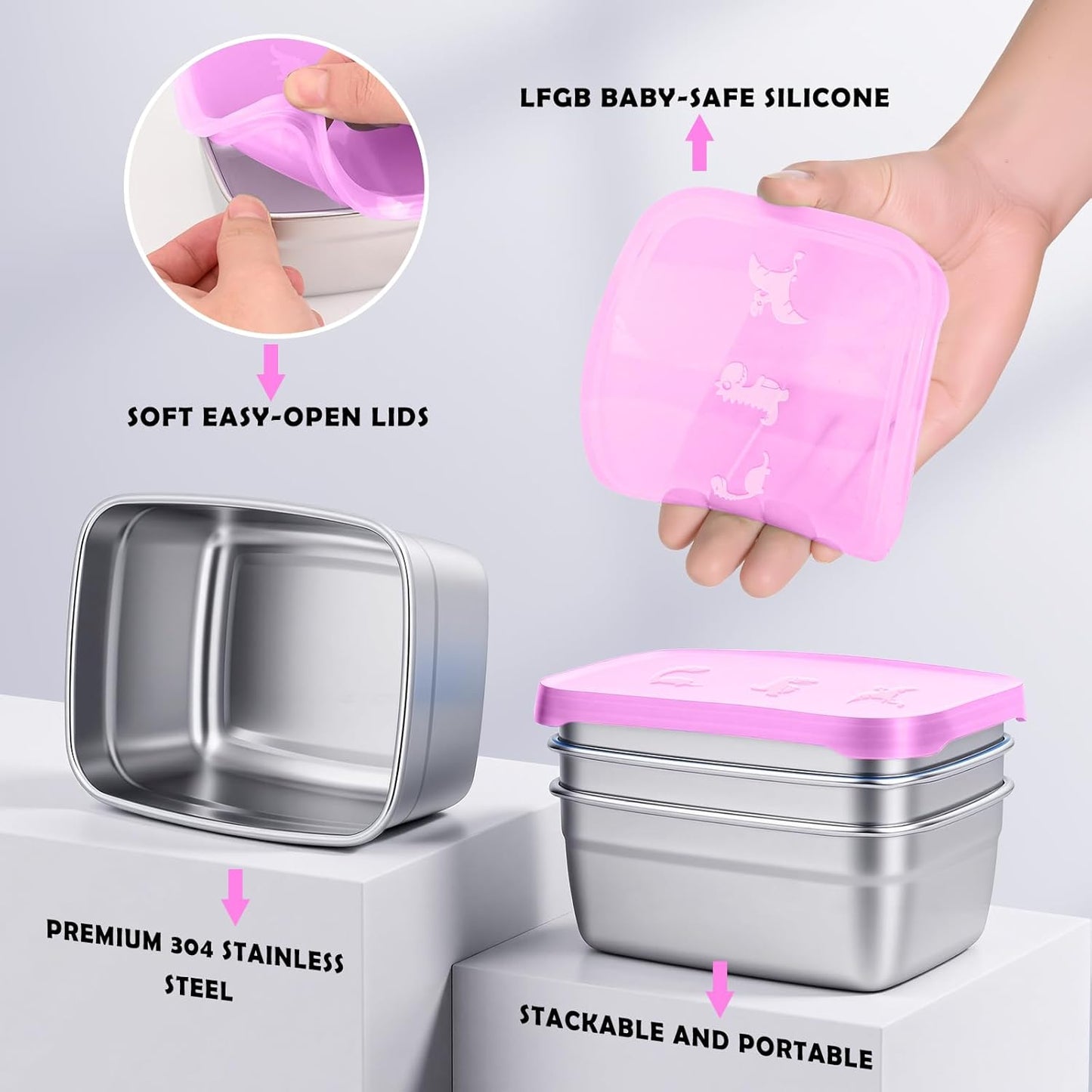 3-Pack Stainless Steel Snack Containers for Kids & Toddlers - 550ml (18oz) Leakproof Colorful Lids with Cute Dinosaurs | LFGB Certified, Stackable l Lunch Box for Daycare, School, Travel