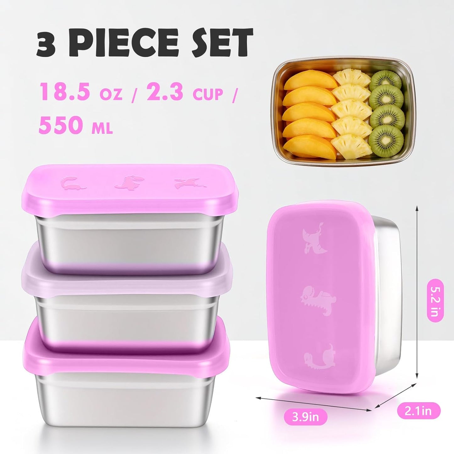3-Pack Stainless Steel Snack Containers for Kids & Toddlers - 550ml (18oz) Leakproof Colorful Lids with Cute Dinosaurs | LFGB Certified, Stackable l Lunch Box for Daycare, School, Travel