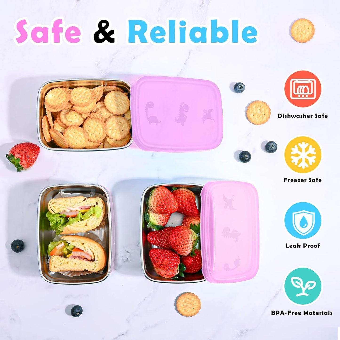 3-Pack Stainless Steel Snack Containers for Kids & Toddlers - 550ml (18oz) Leakproof Colorful Lids with Cute Dinosaurs | LFGB Certified, Stackable l Lunch Box for Daycare, School, Travel