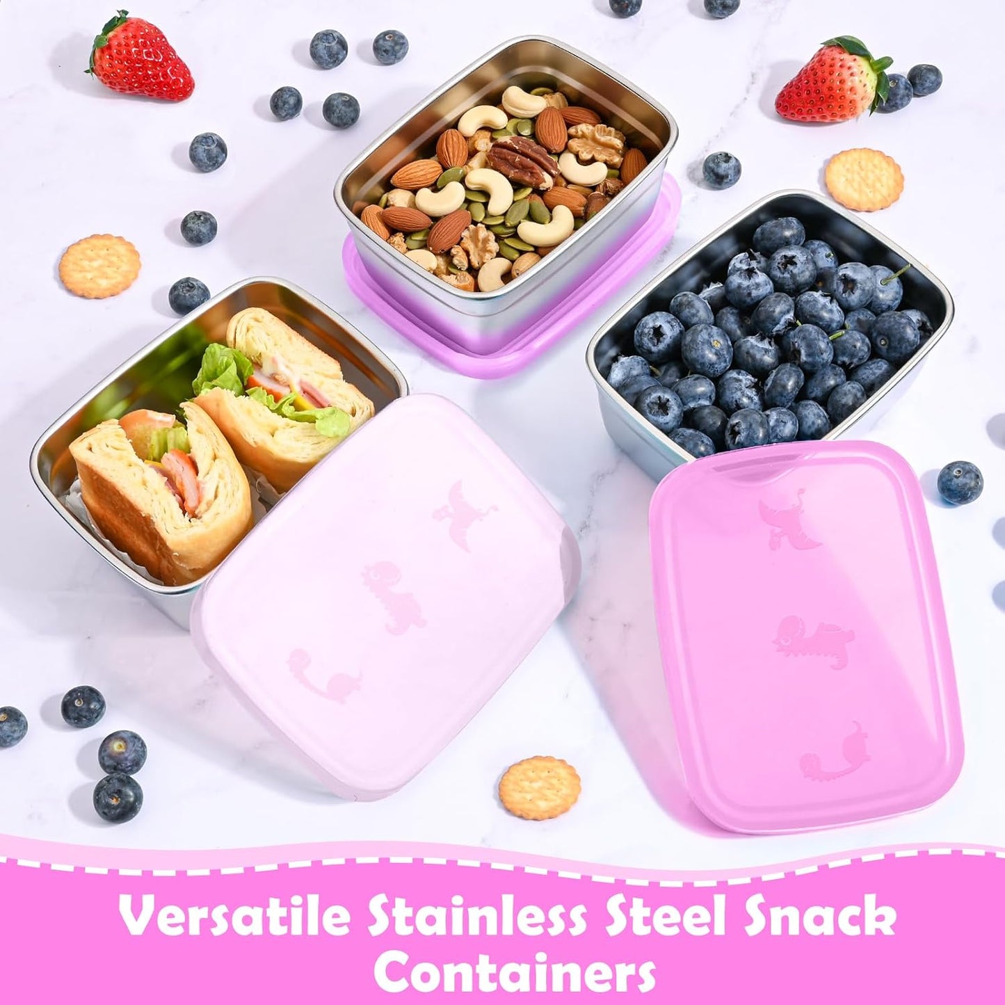 3-Pack Stainless Steel Snack Containers for Kids & Toddlers - 550ml (18oz) Leakproof Colorful Lids with Cute Dinosaurs | LFGB Certified, Stackable l Lunch Box for Daycare, School, Travel