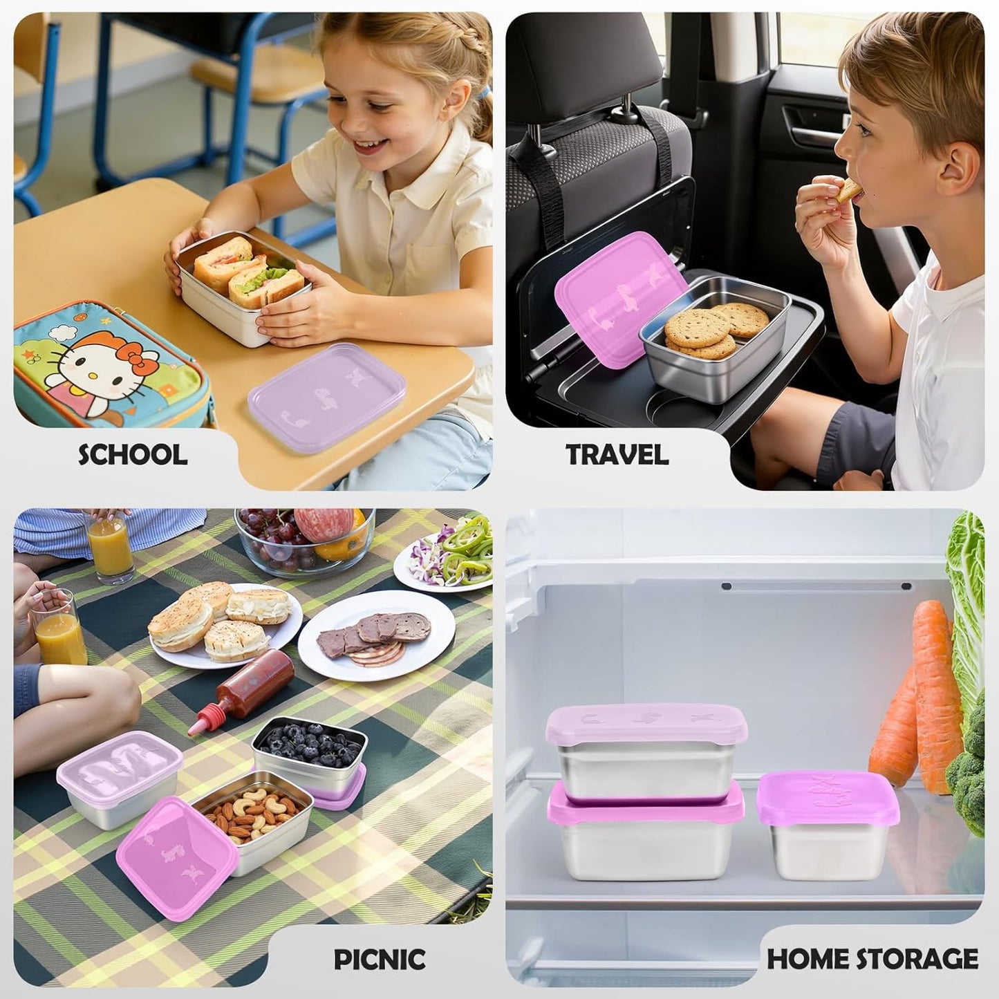 3-Pack Stainless Steel Snack Containers for Kids & Toddlers - 550ml (18oz) Leakproof Colorful Lids with Cute Dinosaurs | LFGB Certified, Stackable l Lunch Box for Daycare, School, Travel