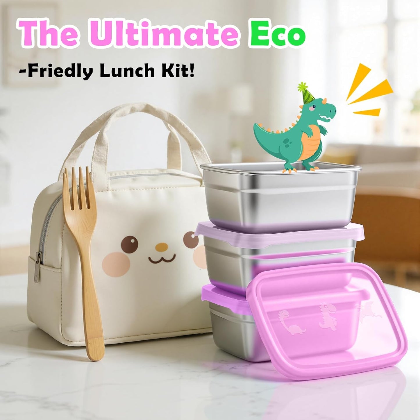 3-Pack Stainless Steel Snack Containers for Kids & Toddlers - 550ml (18oz) Leakproof Colorful Lids with Cute Dinosaurs | LFGB Certified, Stackable l Lunch Box for Daycare, School, Travel