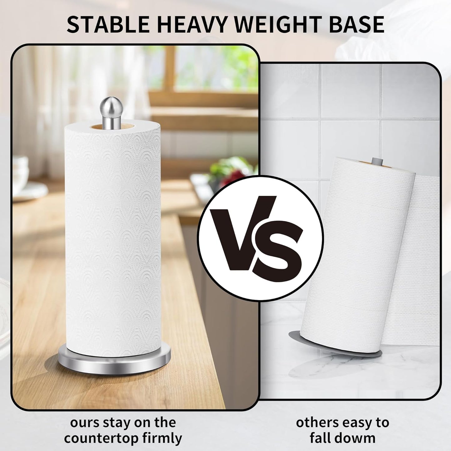 Paper Towel Holder Countertop, Paper Towel Holder with Solid Weighted Base, for Standard and Large Size Rolls (Silver)