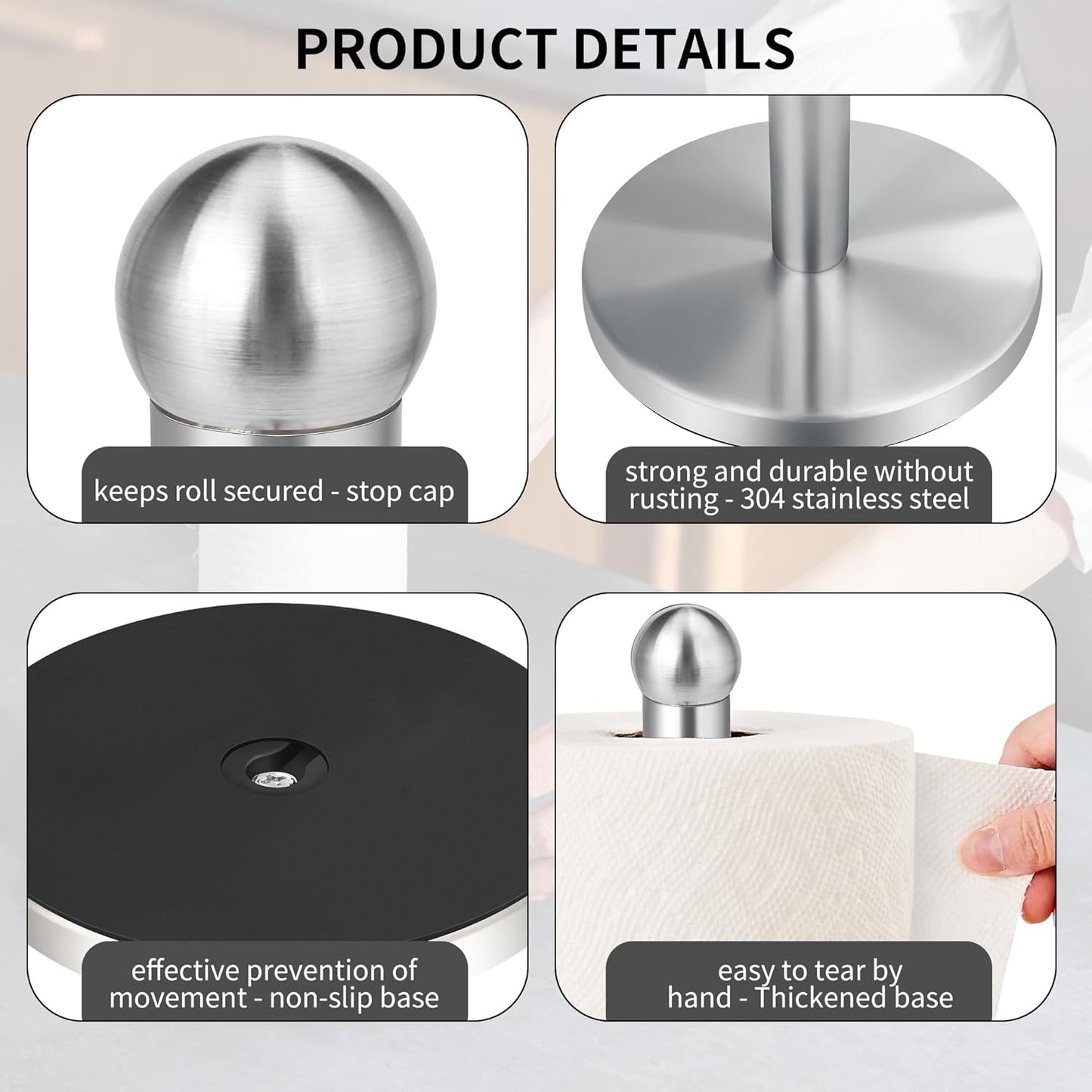 Paper Towel Holder Countertop, Paper Towel Holder with Solid Weighted Base, for Standard and Large Size Rolls (Silver)