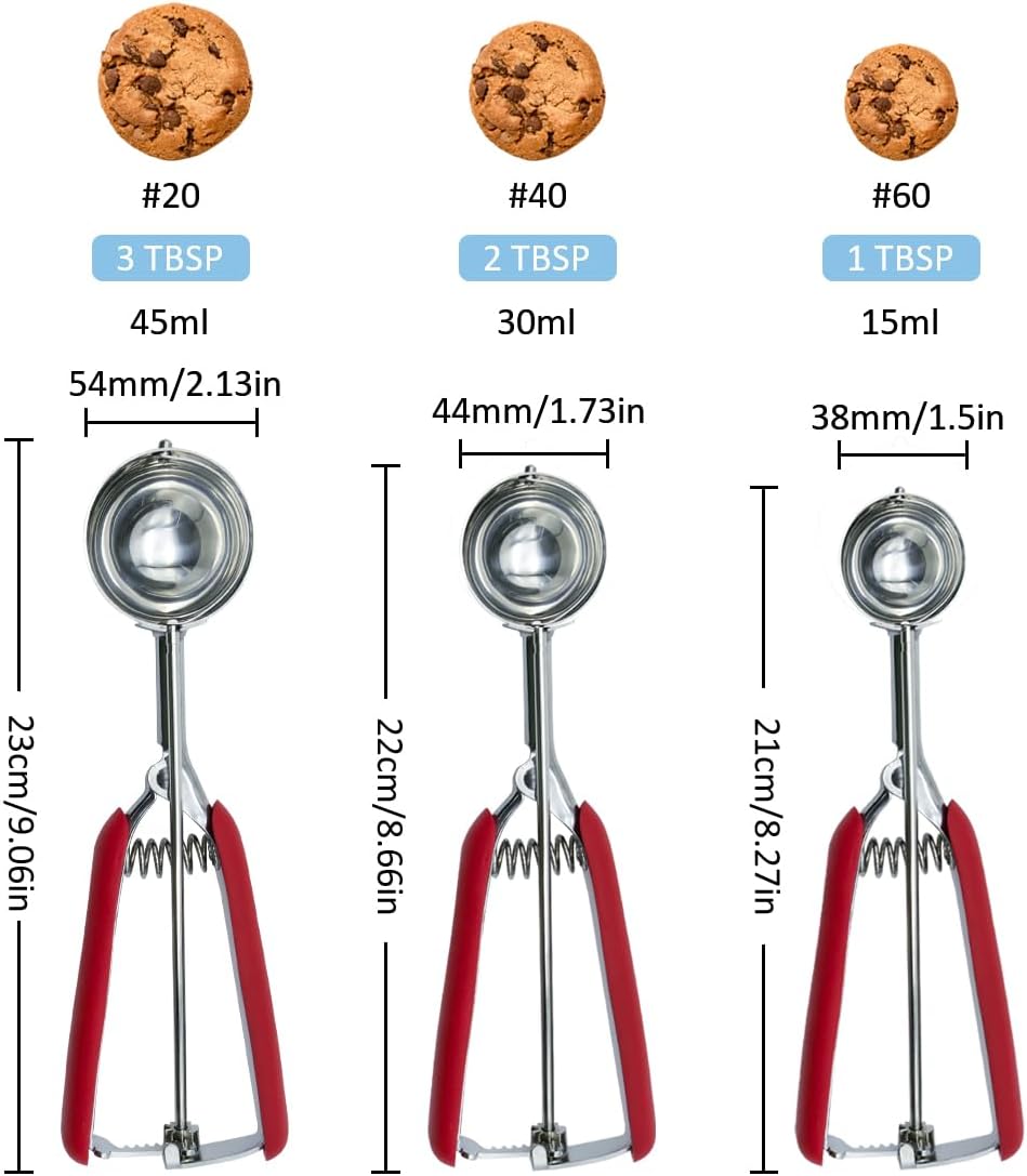 Cookie Scoop,Ice Cream Scoop,3PCS Stainless Steel 1/2 /3 Tablespoon Cookie Scoop,Red Rubber Grips Design,Durable and Effortless,for Ice Cream,Melon Baller and Baking(20#L/ 40#M/ 60#S).