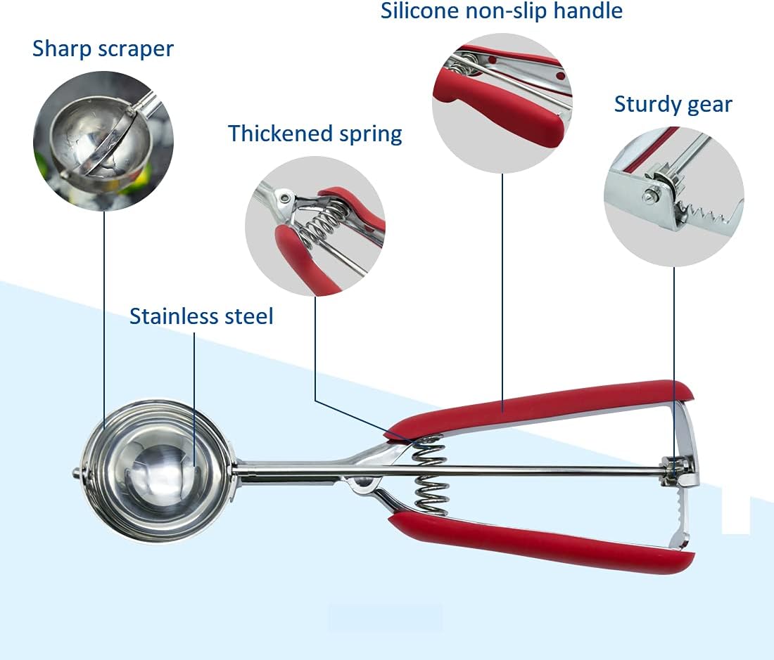 Cookie Scoop,Ice Cream Scoop,3PCS Stainless Steel 1/2 /3 Tablespoon Cookie Scoop,Red Rubber Grips Design,Durable and Effortless,for Ice Cream,Melon Baller and Baking(20#L/ 40#M/ 60#S).