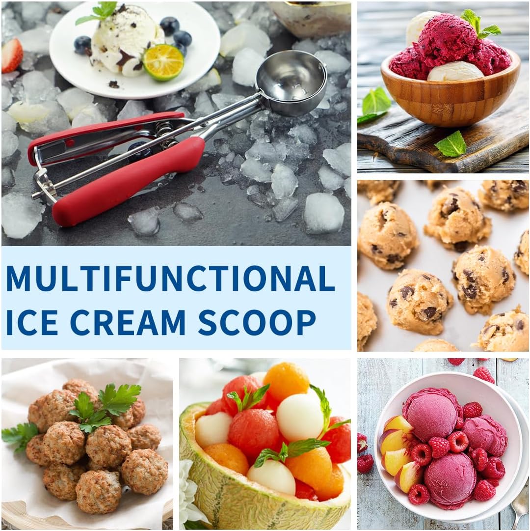 Cookie Scoop,Ice Cream Scoop,3PCS Stainless Steel 1/2 /3 Tablespoon Cookie Scoop,Red Rubber Grips Design,Durable and Effortless,for Ice Cream,Melon Baller and Baking(20#L/ 40#M/ 60#S).