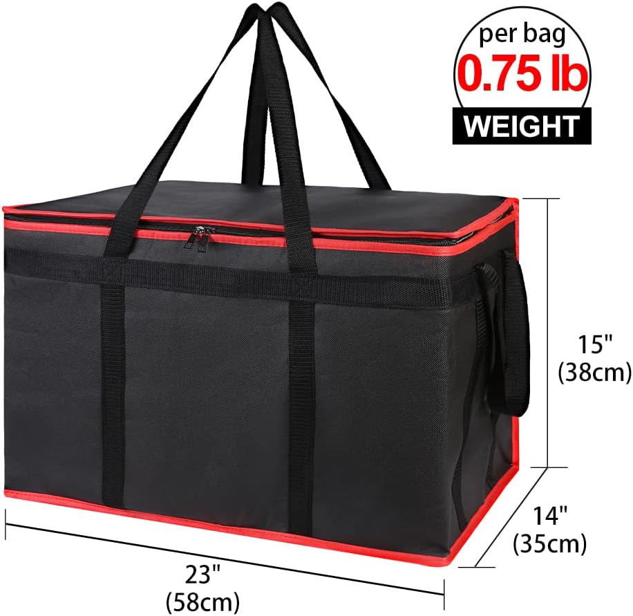 Insulated Food Delivery Bag - Hot & Cold Meal Carrier, Catering/Doordash Pizza Warmer, Grocery Tote, Cooler Bag for Parties (Black-Red, 1Pk), Ideal for Food Warming Transport
