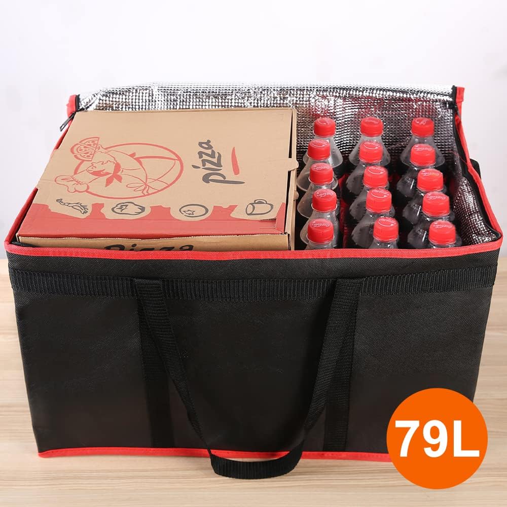 Insulated Food Delivery Bag - Hot & Cold Meal Carrier, Catering/Doordash Pizza Warmer, Grocery Tote, Cooler Bag for Parties (Black-Red, 1Pk), Ideal for Food Warming Transport