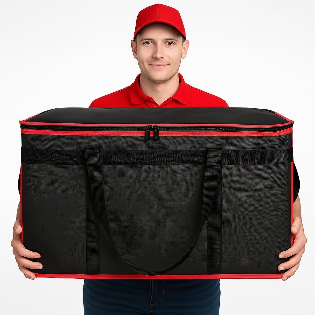 Insulated Food Delivery Bag - Hot & Cold Meal Carrier, Catering/Doordash Pizza Warmer, Grocery Tote, Cooler Bag for Parties (Black-Red, 1Pk), Ideal for Food Warming Transport