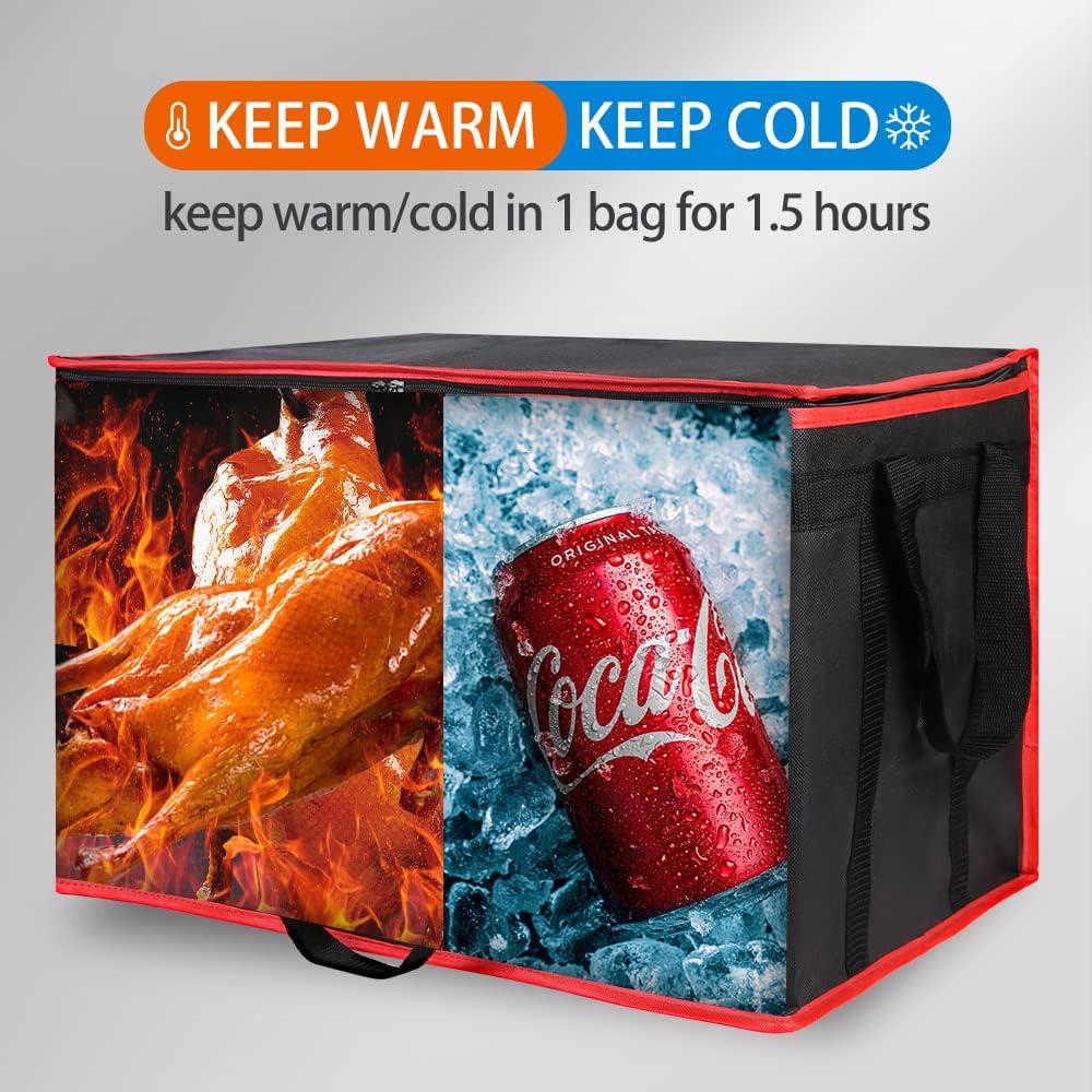 Insulated Food Delivery Bag - Hot & Cold Meal Carrier, Catering/Doordash Pizza Warmer, Grocery Tote, Cooler Bag for Parties (Black-Red, 1Pk), Ideal for Food Warming Transport