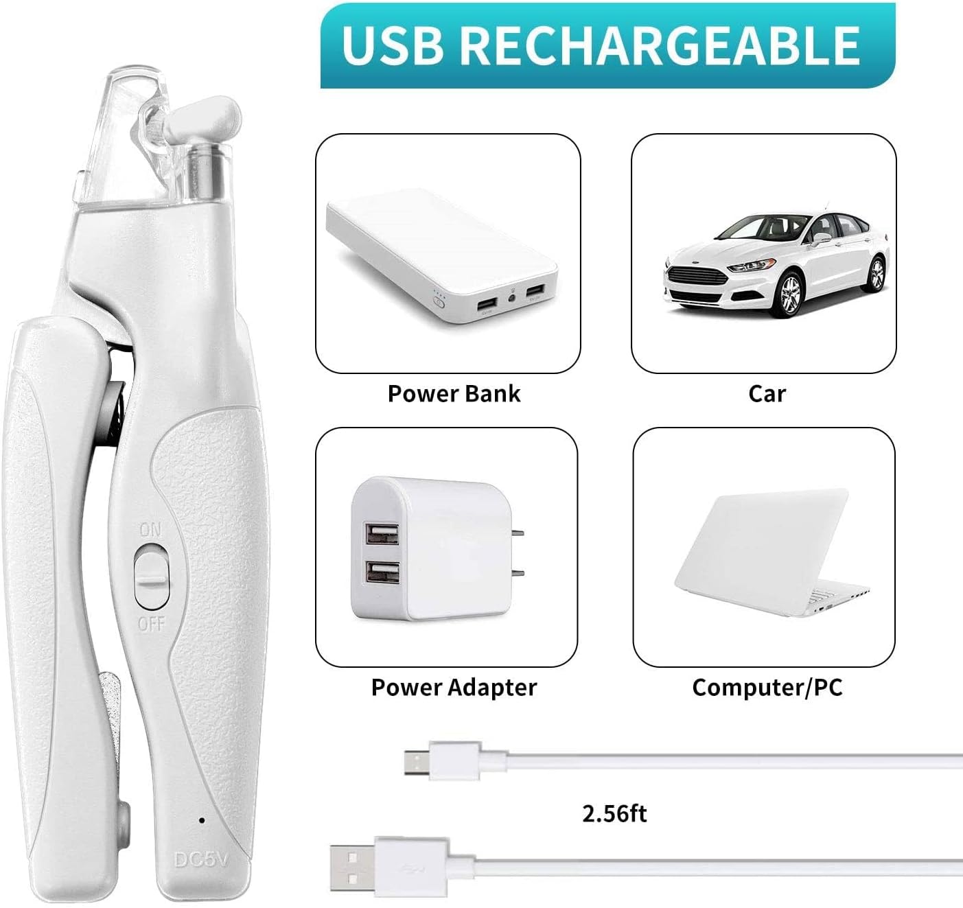 Pet Nail Clipper with LED Light for Dogs & Cats, Rechargeable Nails & Claws Trimmer, Professional Grooming Tool with Nail Trapper & Free Nail File, Quick-Sensor Razor Sharp Blades, White