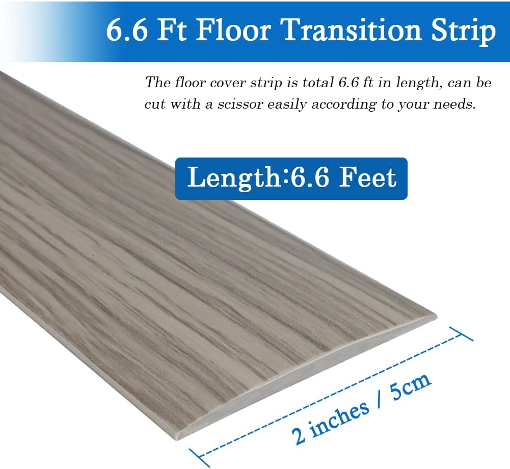 Floor Transition Strip Self Adhesive Floor Cover Strips Laminate 2" Wide Vinyl Flat Divider Transitions Elegant Wood Grain Design (5cm, 6.56Ft, Gray)